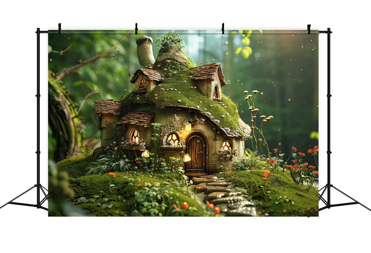 Forest Photo Backdrops Cozy Mossy Mushroom Cottage Backdrop CJJ2-135