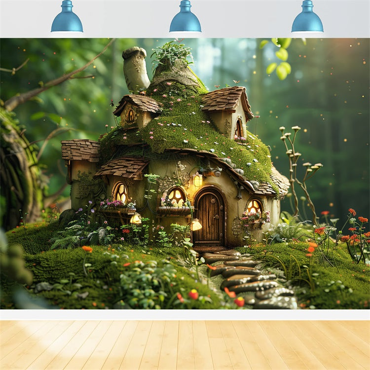 Forest Photo Backdrops Cozy Mossy Mushroom Cottage Backdrop CJJ2-135