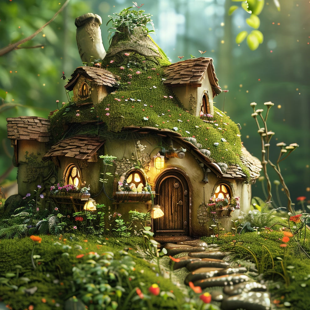 Forest Photo Backdrops Cozy Mossy Mushroom Cottage Backdrop CJJ2-135