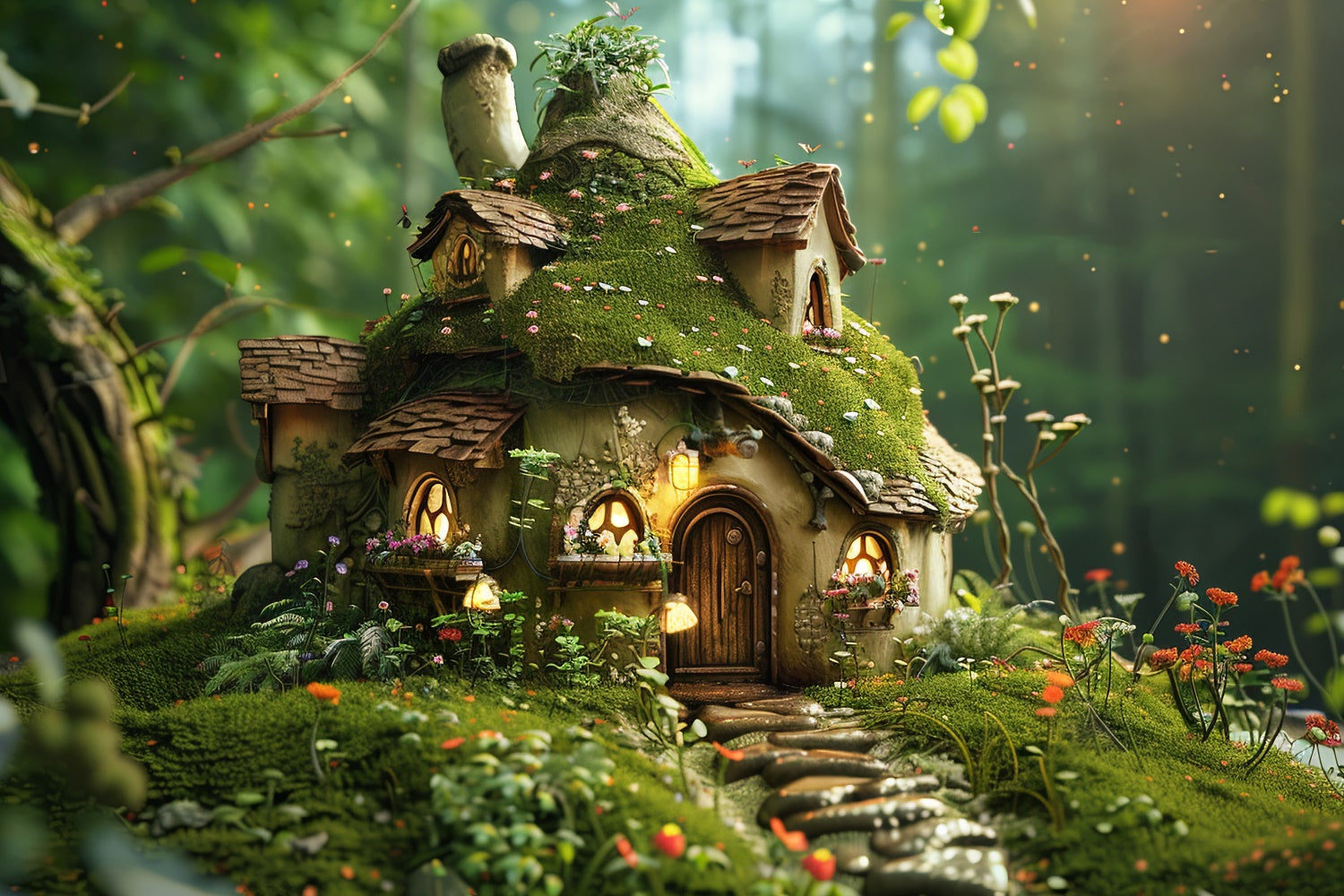 Forest Photo Backdrops Cozy Mossy Mushroom Cottage Backdrop CJJ2-135