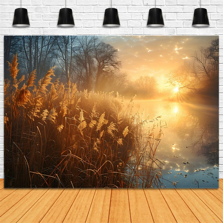 Forest Photography Backdrop Tranquil Reeds Sunlit Lake Backdrop CJJ2-136