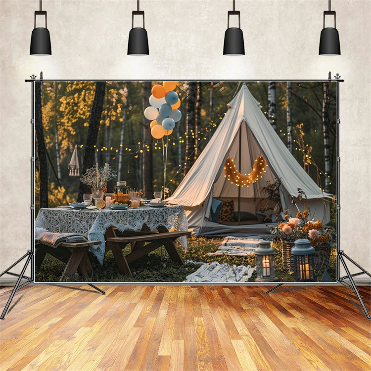 Photography Backdrop Forest Cozy Autumn Glamping Night Backdrop CJJ2-139