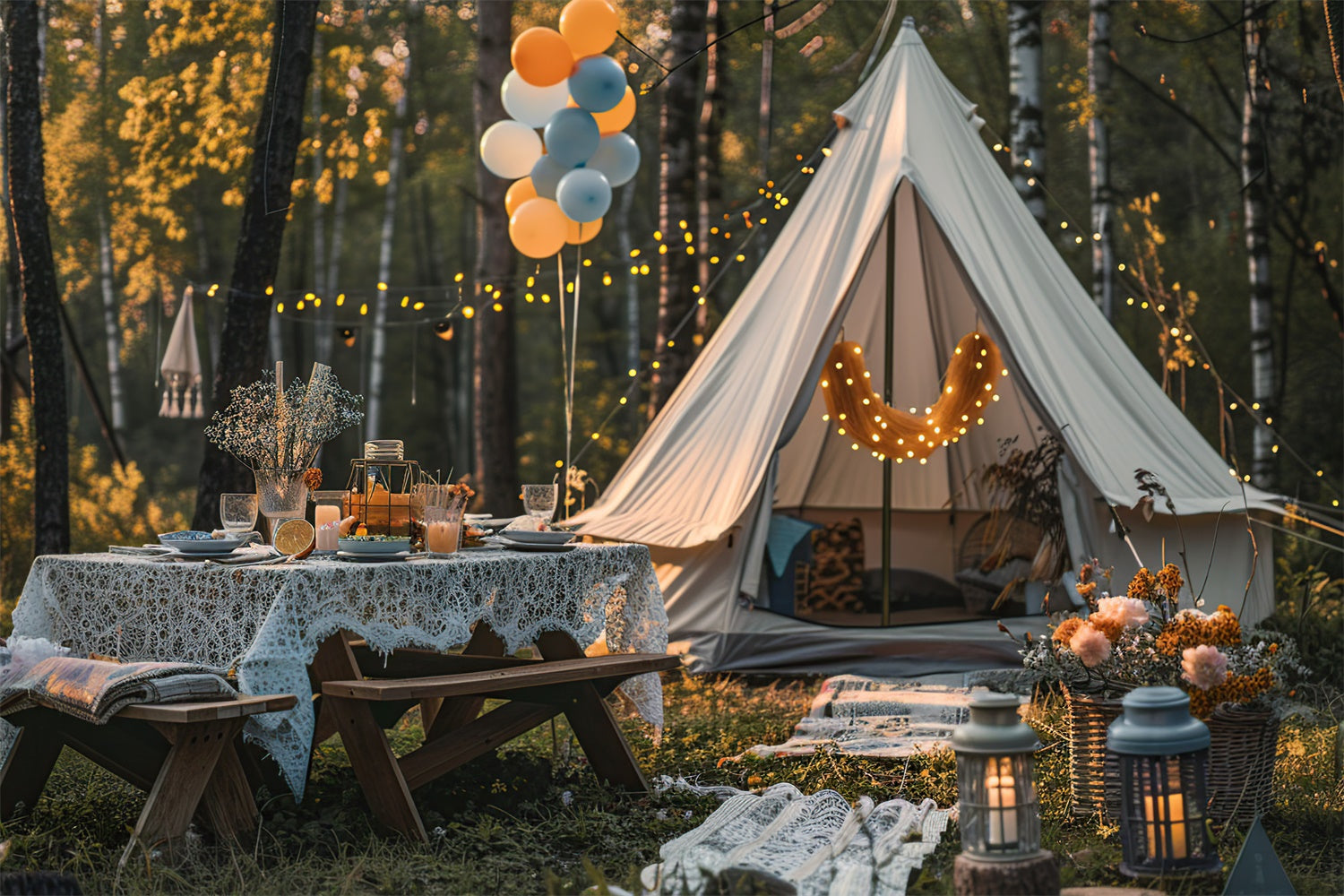 Photography Backdrop Forest Cozy Autumn Glamping Night Backdrop CJJ2-139