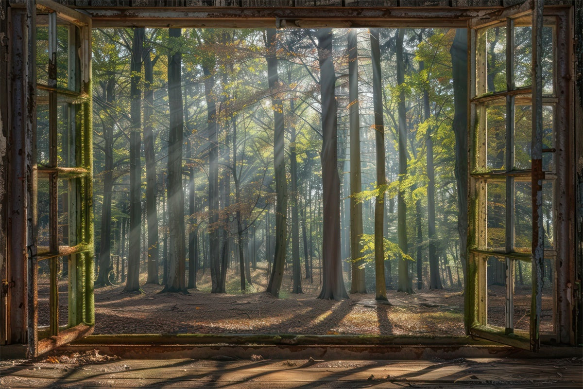 Forest Backdrop Ideas Vintage Cabin Window Sunbeams Backdrop CJJ2-31