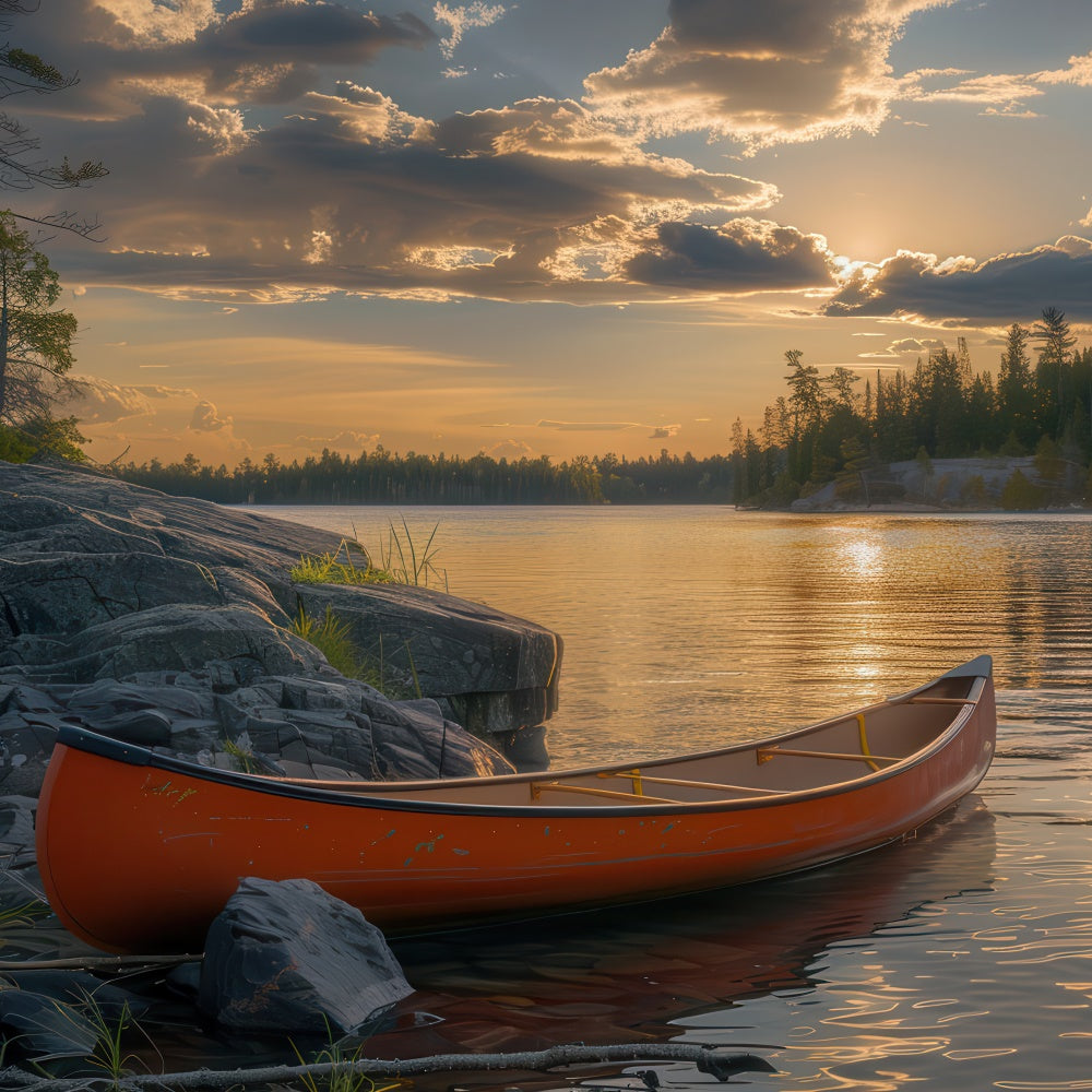 Photography Backdrop Forest Tranquil Dusk Canoe Shore Backdrop CJJ2-44
