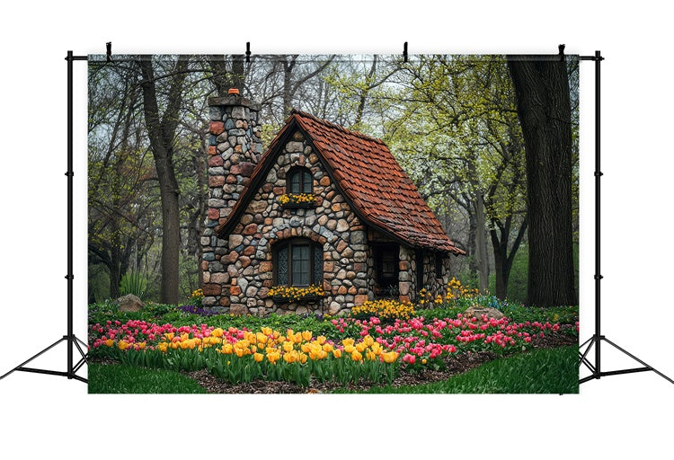 Forest Photo Backdrop Charming Flower Stone House Backdrop CJJ2-50