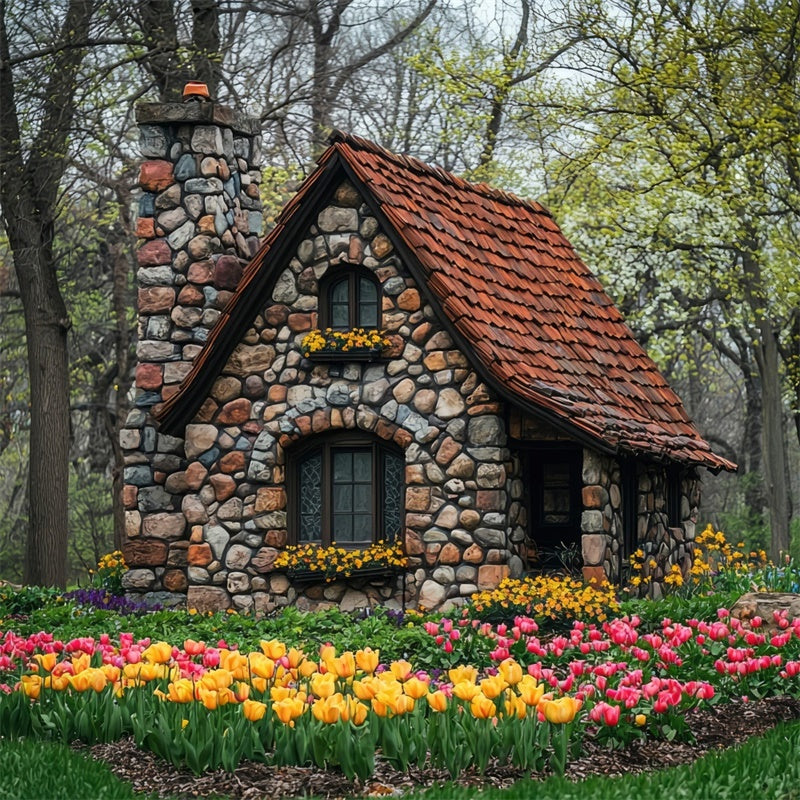 Forest Photo Backdrop Charming Flower Stone House Backdrop CJJ2-50
