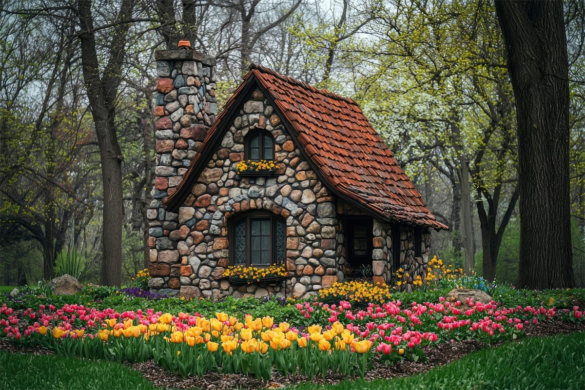 Forest Photo Backdrop Charming Flower Stone House Backdrop CJJ2-50