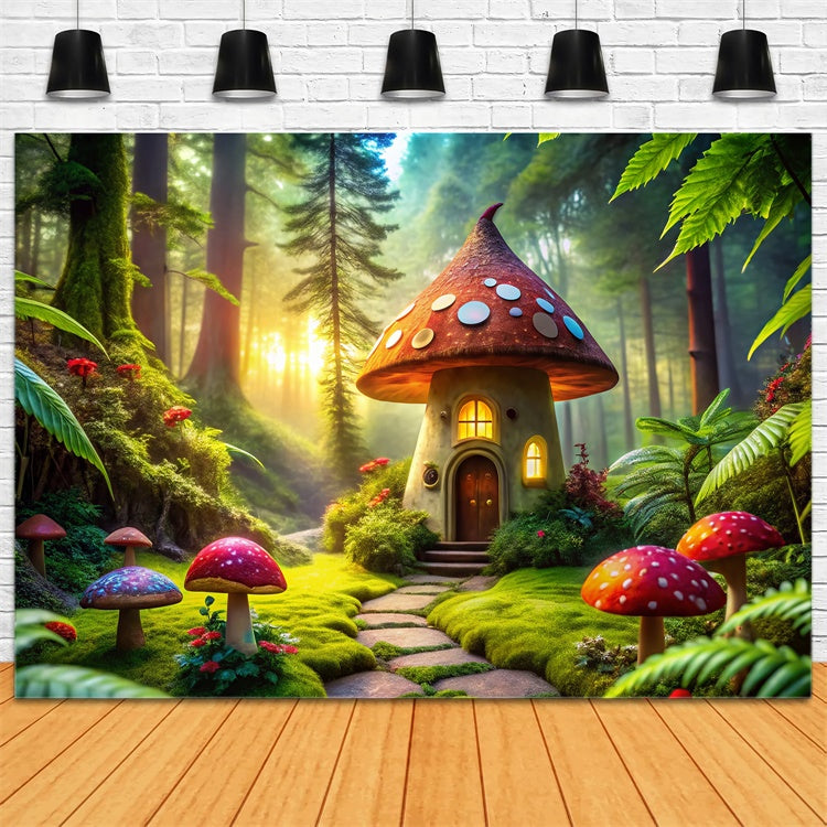 Fairy Tale Forest Backdrop Whimsical Mushroom House Backdrop CJJ2-51
