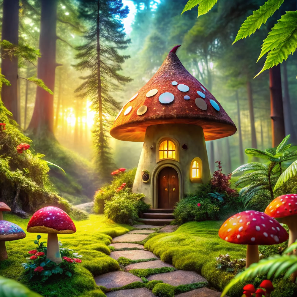 Fairy Tale Forest Backdrop Whimsical Mushroom House Backdrop CJJ2-51