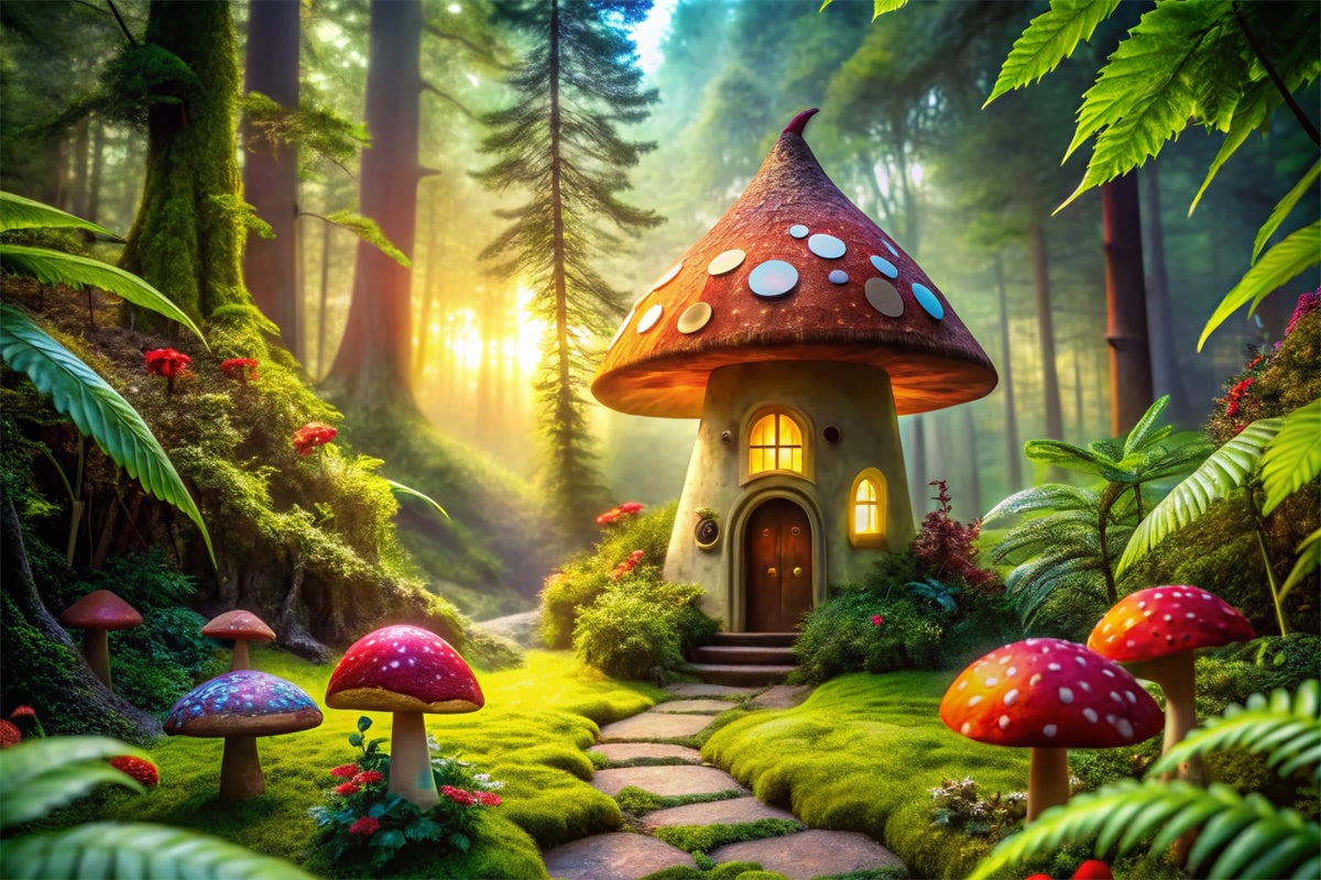 Fairy Tale Forest Backdrop Whimsical Mushroom House Backdrop CJJ2-51