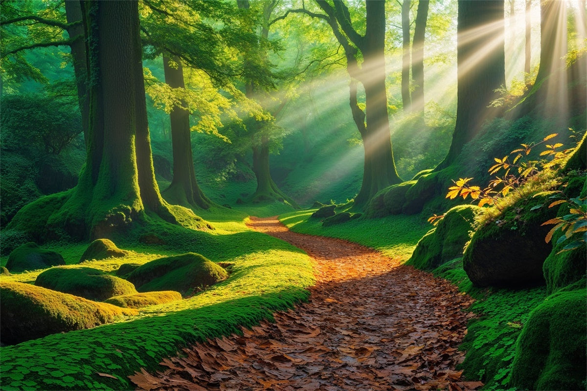 Forest Backdrop Photography Golden Sunbeam Mossy Path Backdrop CJJ2-53