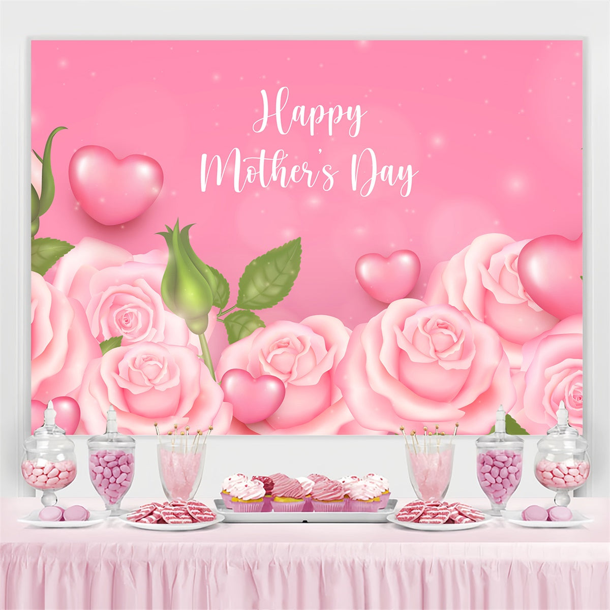 Happy Mother's Day Backdrop Warm Heart Pink Rose Custom Backdrop CJJ3-113
