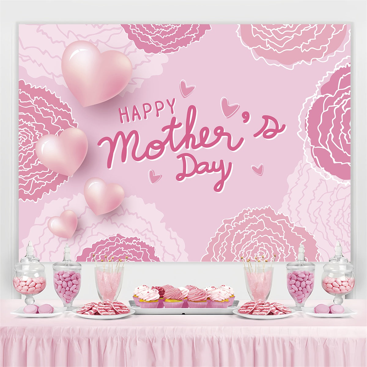 Mothers Day Backdrops Pink Carnation Love Hearts Custom Backdrop CJJ3-131