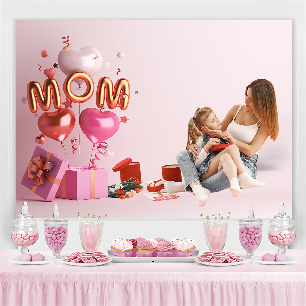 Mothers Day Backdrop Ideas Pink Balloon Gift Personalized Backdrop CJJ3-151