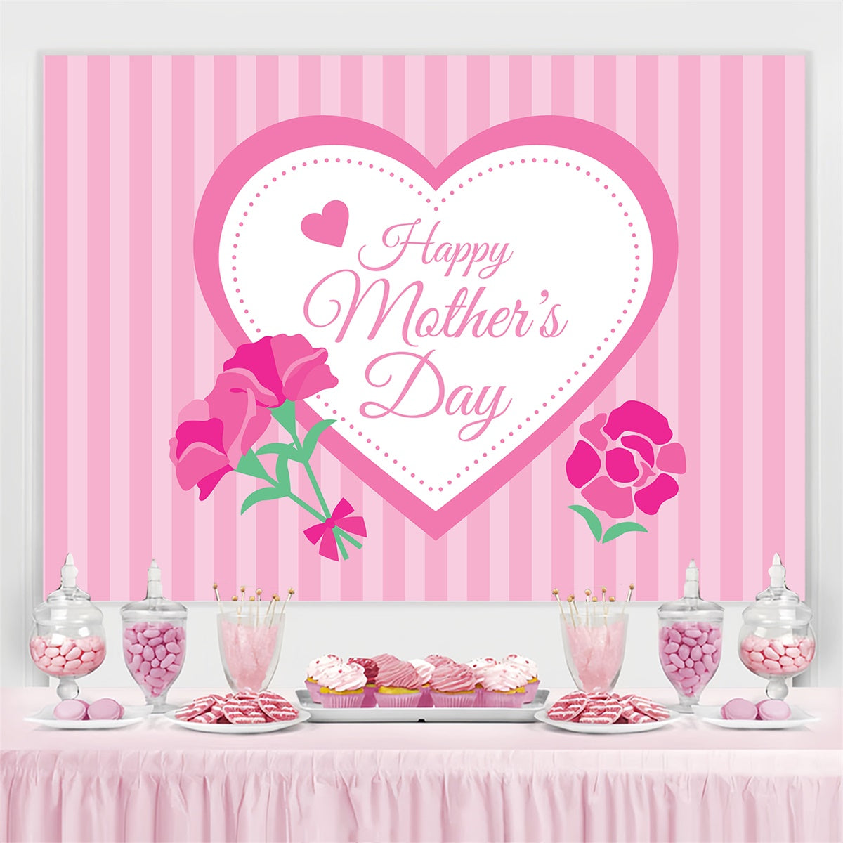Happy Mother's Day Backdrop Pink Striped Heart Customized Backdrop CJJ3-154