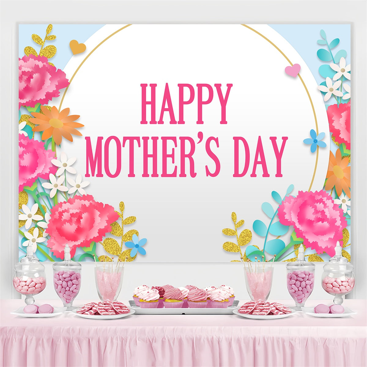 Happy Mother's Day Backdrop Pink Carnation Festive Custom Backdrop CJJ3-157