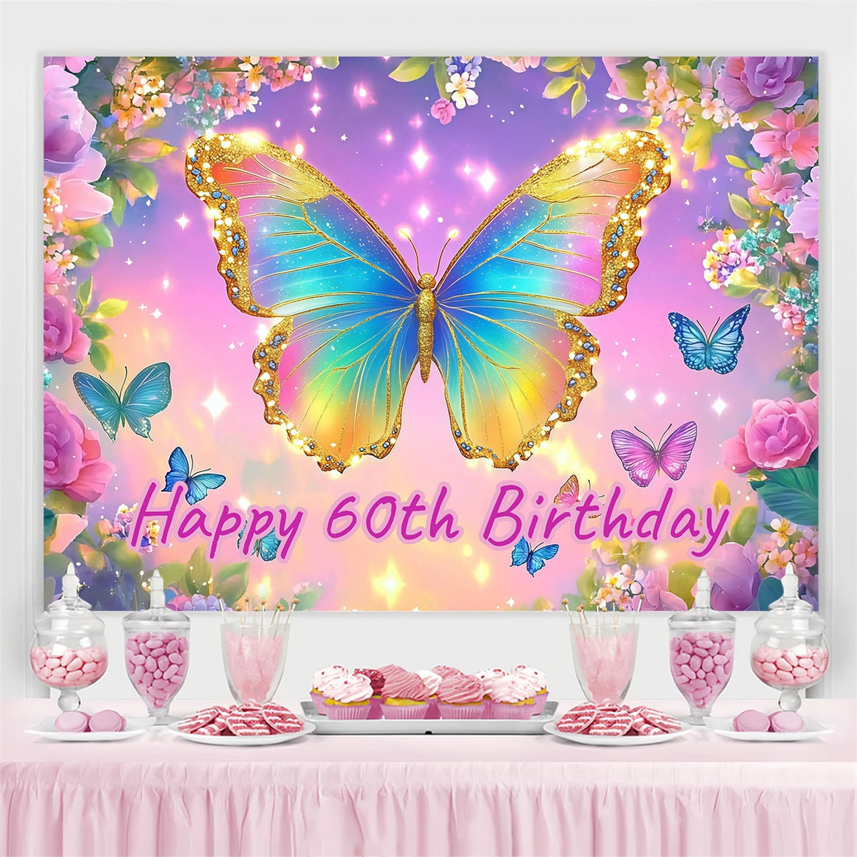 Personalized 60th Birthday Backdrop Colorful Glitter Butterfly Backdrop CJJ3-201
