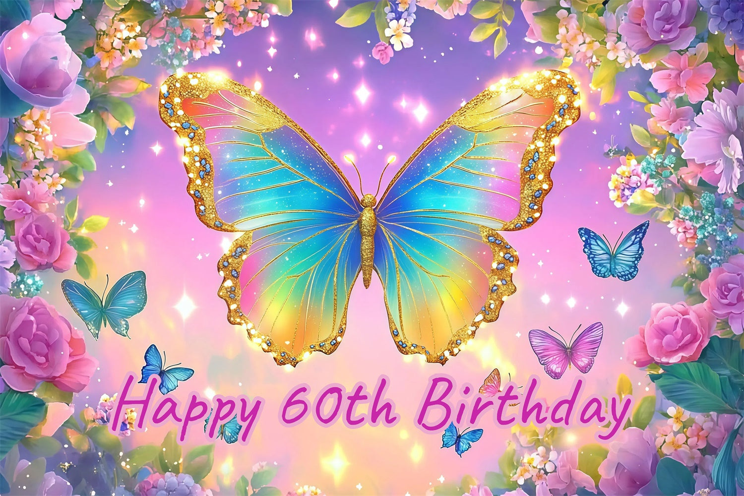 Personalized 60th Birthday Backdrop Colorful Glitter Butterfly Backdrop CJJ3-201