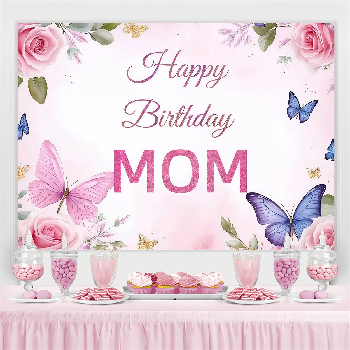 Customize Backdrop For Birthday Elegant Rose Butterfly Backdrop CJJ3-202