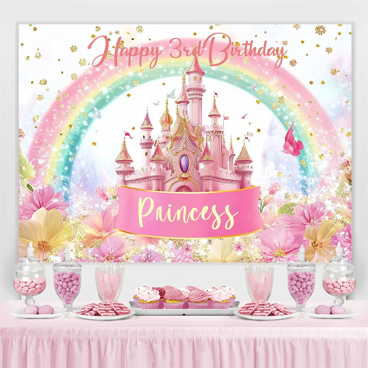 Personalized Birthday Backdrops Dreamy Rainbow Castle Backdrop CJJ3-204