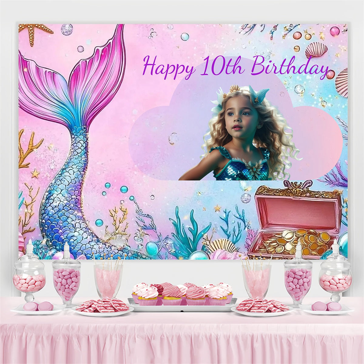 Custom Birthday Backdrops Magical Mermaid Undersea 10th Backdrop CJJ3-205
