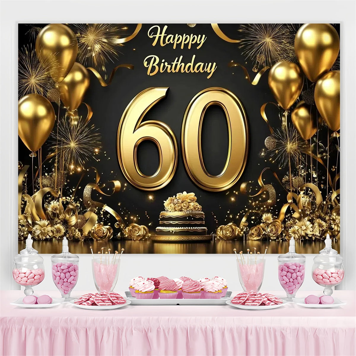 Personalized 60th Birthday Backdrop Golden Balloon Sparkle Backdrop CJJ3-208