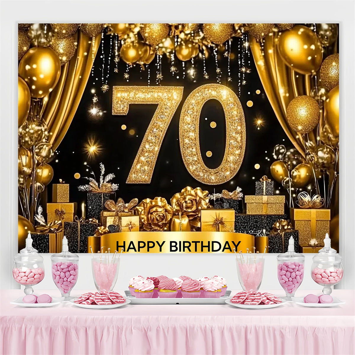 Custom Birthday Backdrops Sparkling Golden Balloons 70th Backdrop CJJ3-209