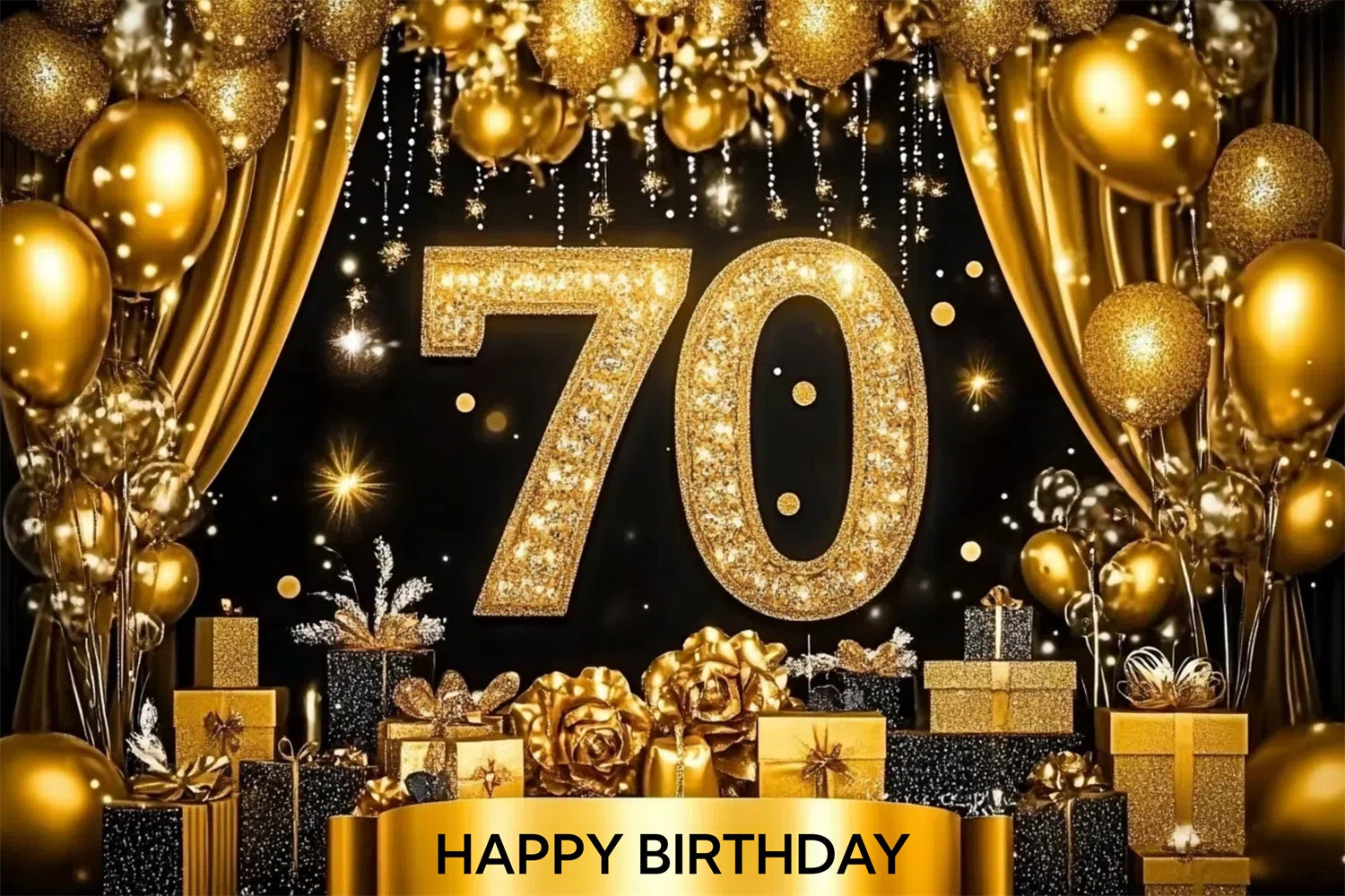 Custom Birthday Backdrops Sparkling Golden Balloons 70th Backdrop CJJ3-209