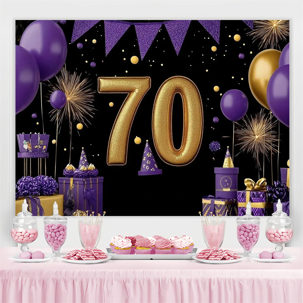 Personalized 70th Birthday Backdrop Purple Balloon Luxury Backdrop CJJ3-210