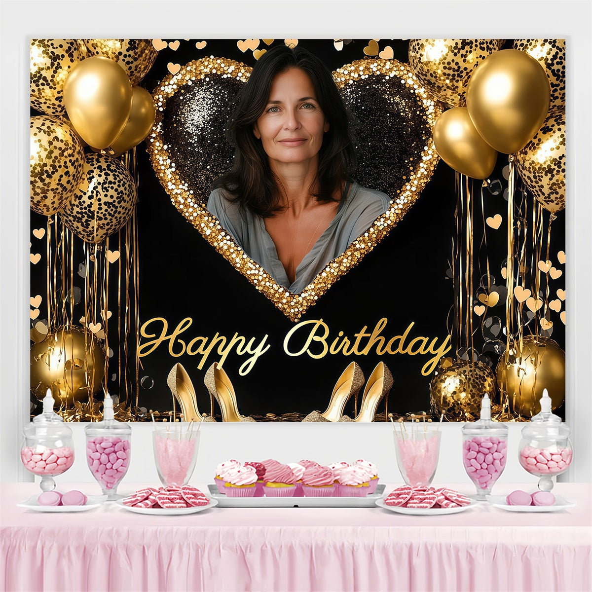 Custom Happy Birthday Backdrop Glitter Heart Frame Balloon Backdrop CJJ3-212