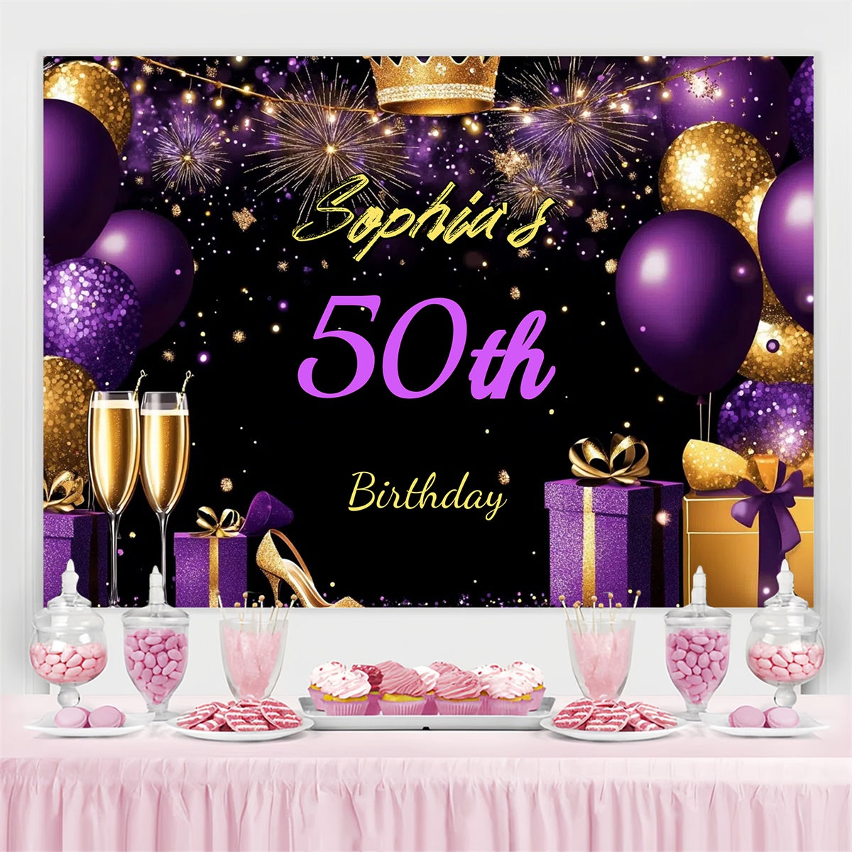 Customized Birthday Backdrop Royal Purple Shoe Gift 50th Backdrop CJJ3-214