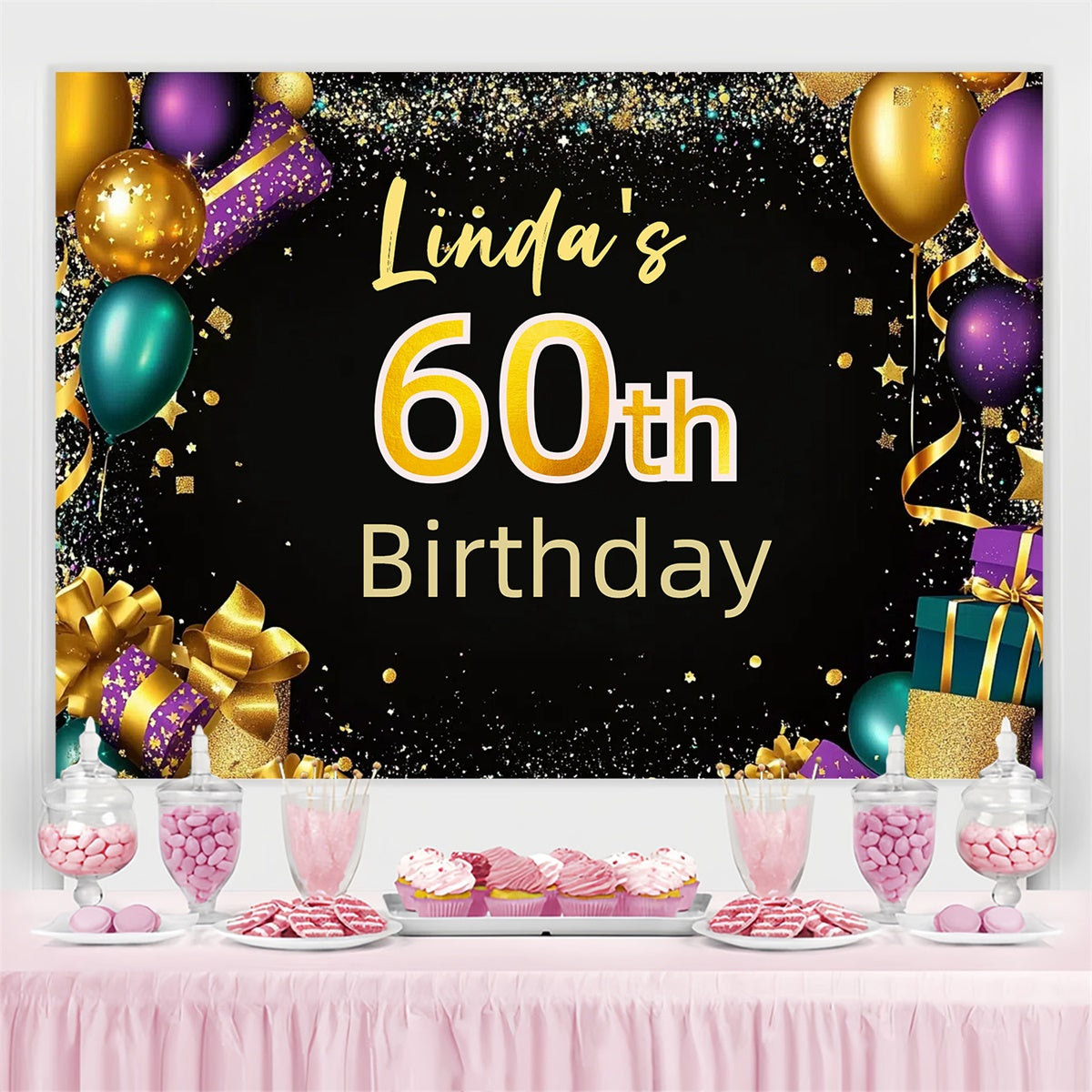Personalized 60th Birthday Backdrop Balloon Colorful Confetti Backdrop CJJ3-215
