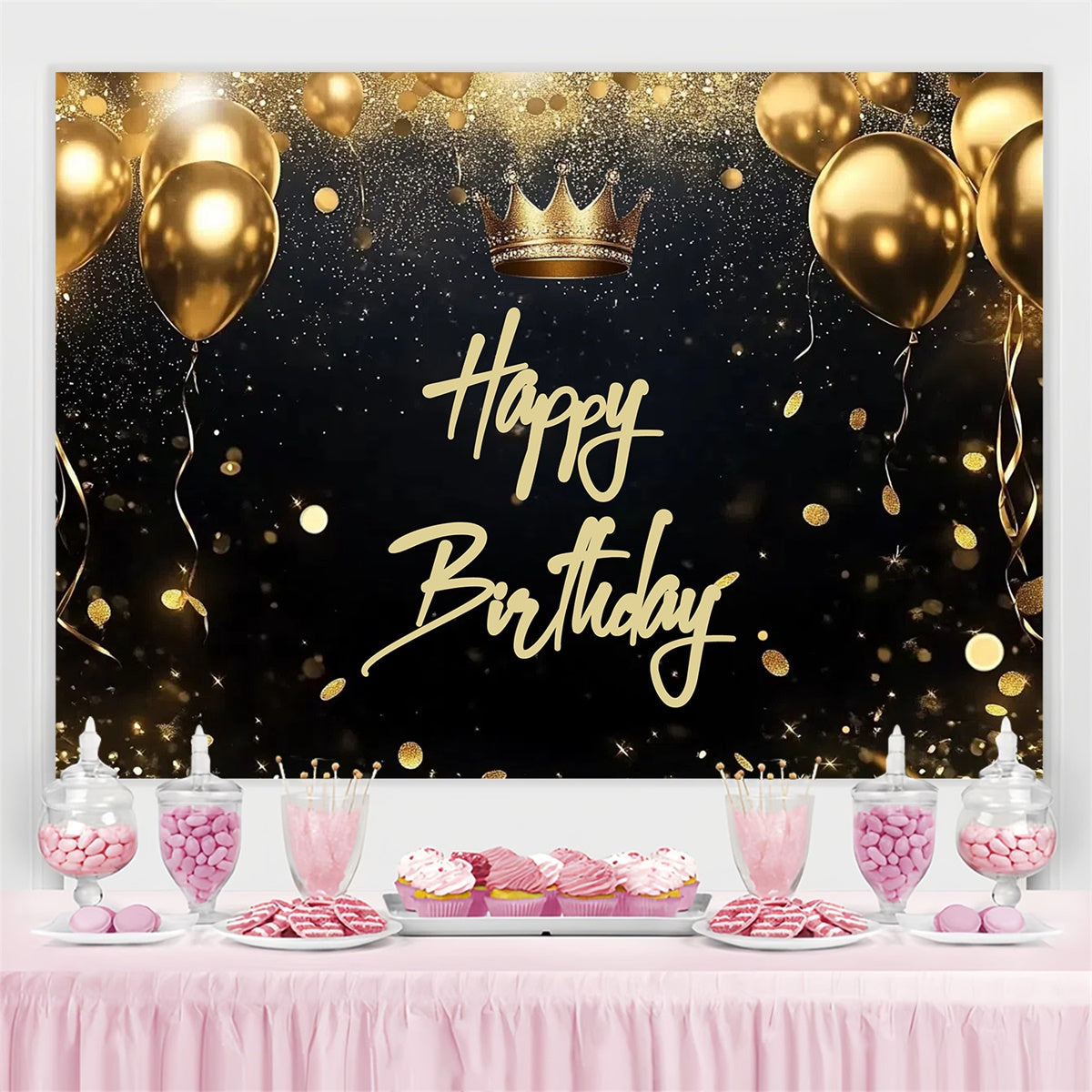 Custom Made Birthday Backdrops Glitter Confetti Crown Backdrop CJJ3-217