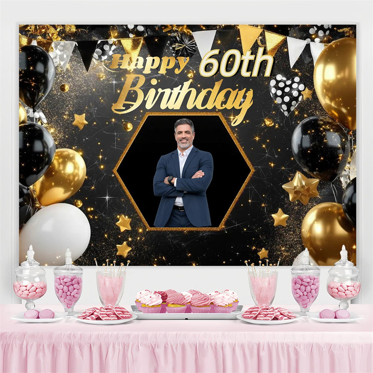 Personalized 60th Birthday Backdrop Gold Banner Star Backdrop CJJ3-218