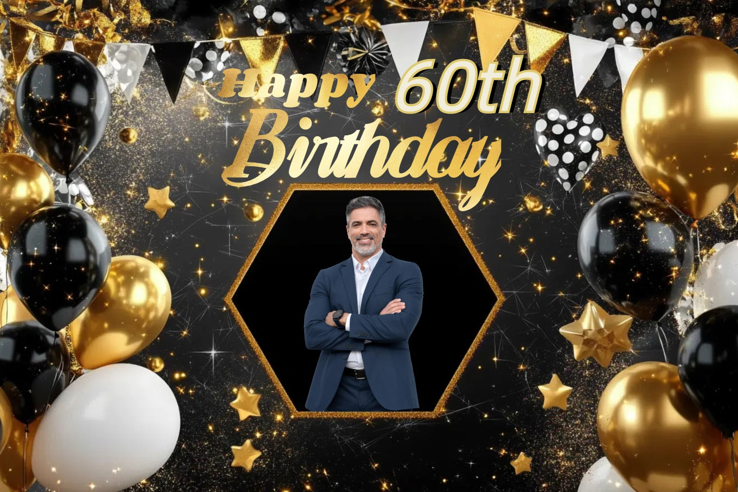 Personalized 60th Birthday Backdrop Gold Banner Star Backdrop CJJ3-218