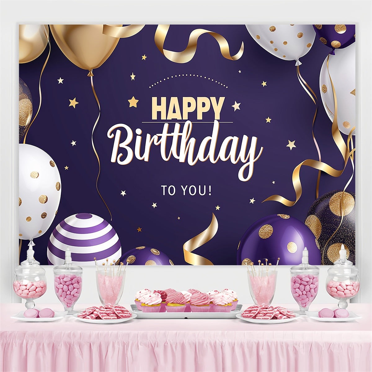 Personalized Birthday Backdrops Golden Dots Balloon Purple Backdrop CJJ3-219