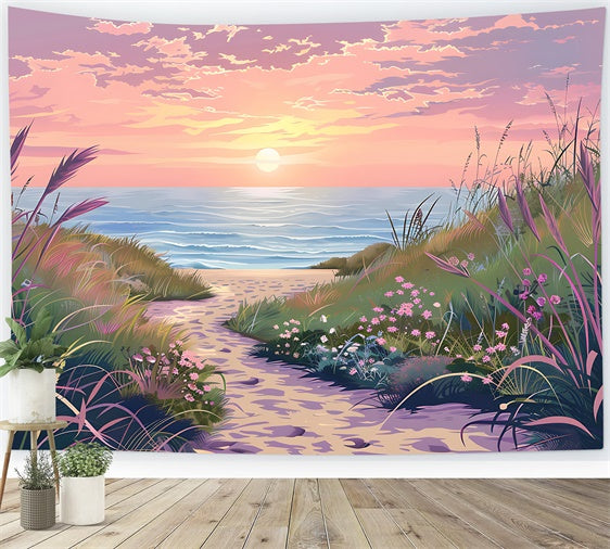 Beach Backdrop Sunset Floral Beach Trail Summer Backdrop CJJ3-224