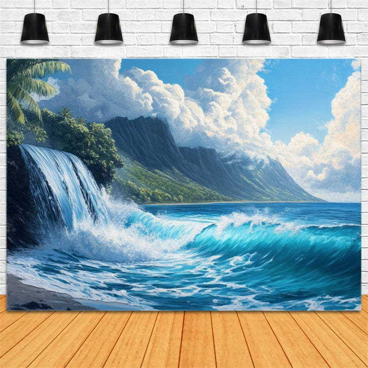 Beach Backdrop Ocean Waterfall Mountain View Summer Backdrop CJJ3-231