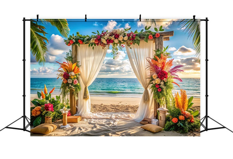 Beach Wedding Backdrop Tropical Beach Flower Summer Backdrop CJJ3-239