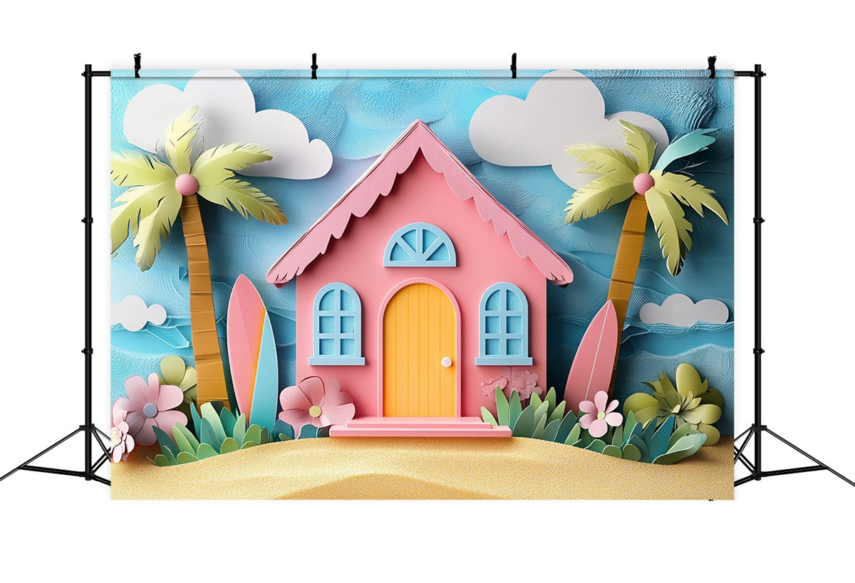 Summer Photo Backdrop Cartoon Pink Beach House Backdrop CJJ3-241