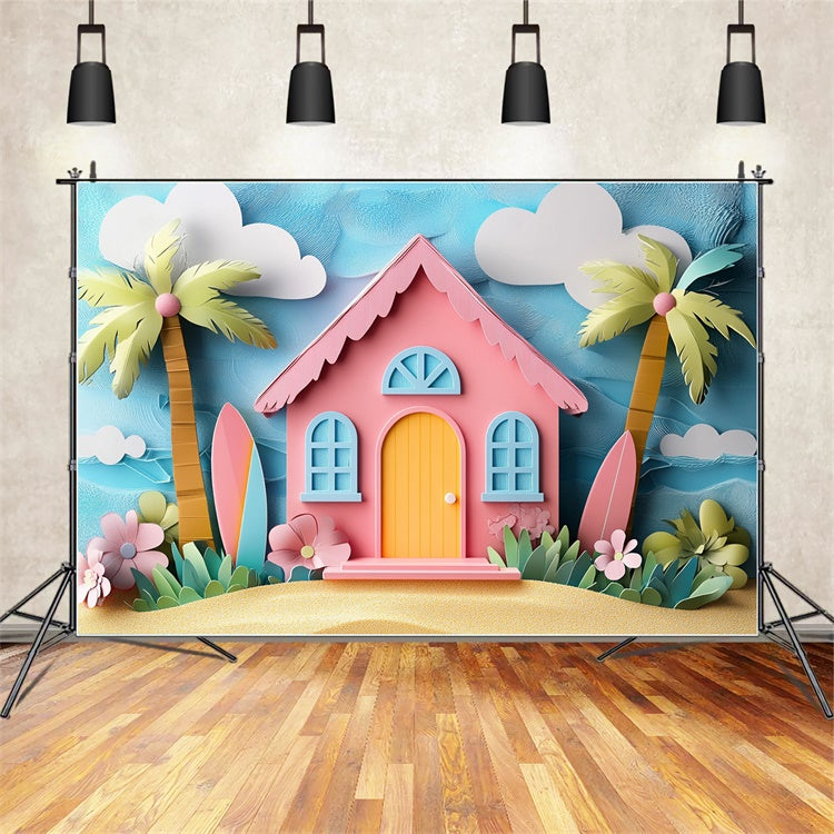 Summer Photo Backdrop Cartoon Pink Beach House Backdrop CJJ3-241
