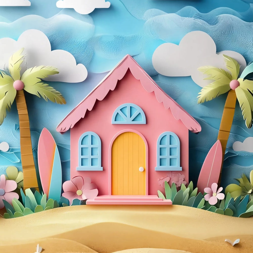 Summer Photo Backdrop Cartoon Pink Beach House Backdrop CJJ3-241