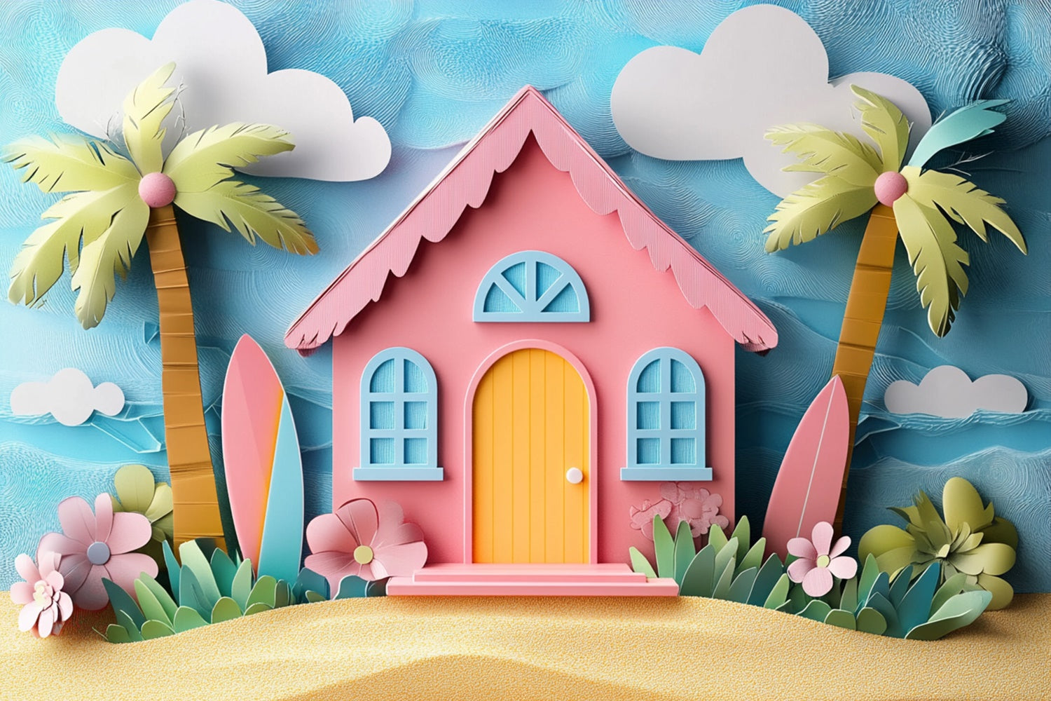 Summer Photo Backdrop Cartoon Pink Beach House Backdrop CJJ3-241