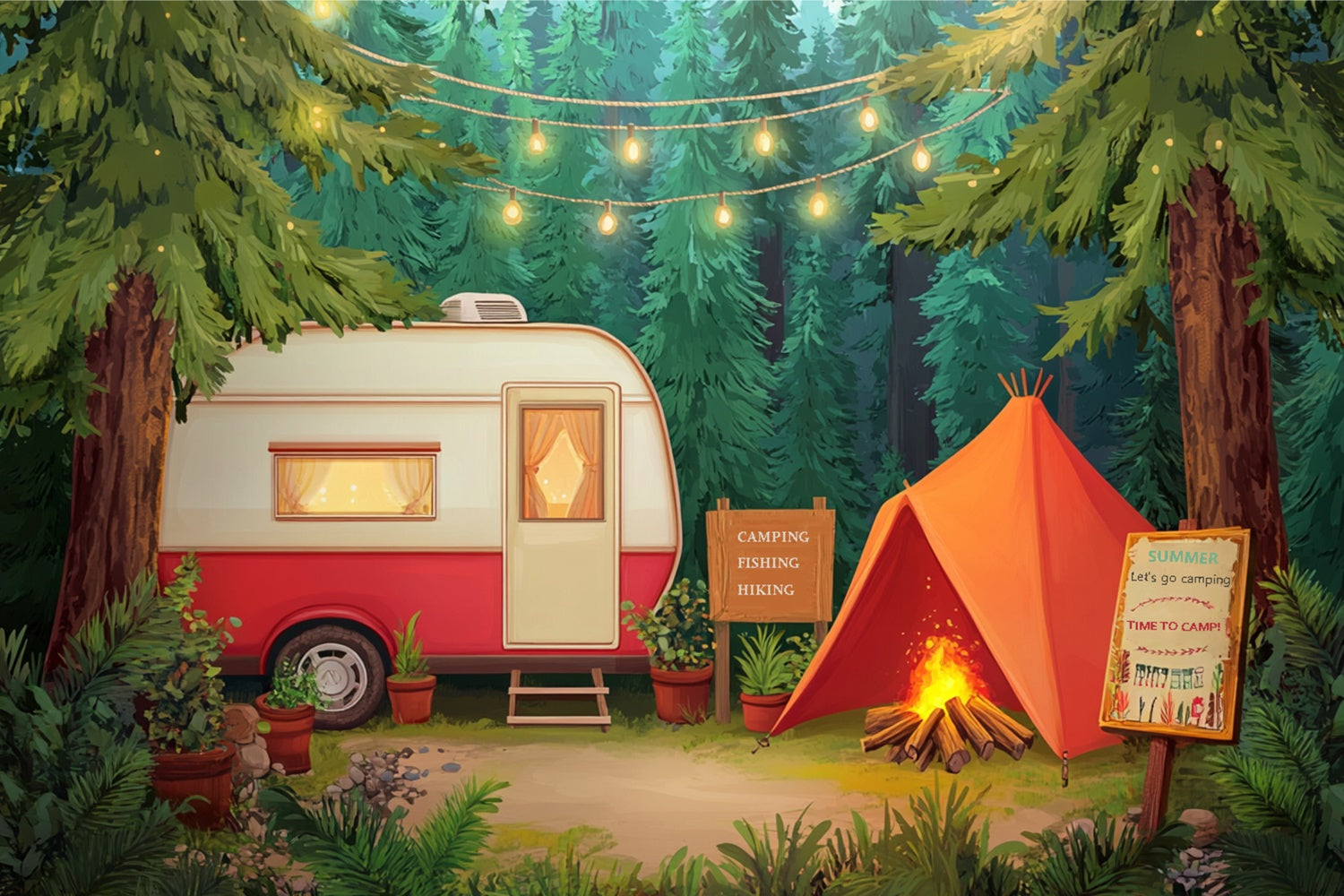 Summer Photo Backdrop Pine Tree Camp Tent Backdrop CJJ3-251
