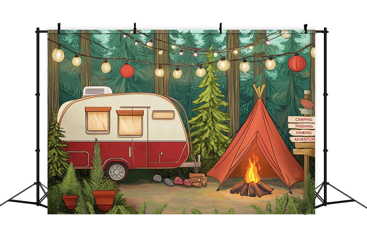 Summer Photo Backdrop Light Strings Cozy Camper Backdrop CJJ3-252