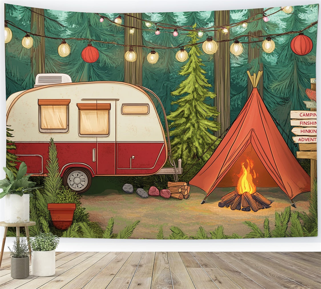Summer Photo Backdrop Light Strings Cozy Camper Backdrop CJJ3-252