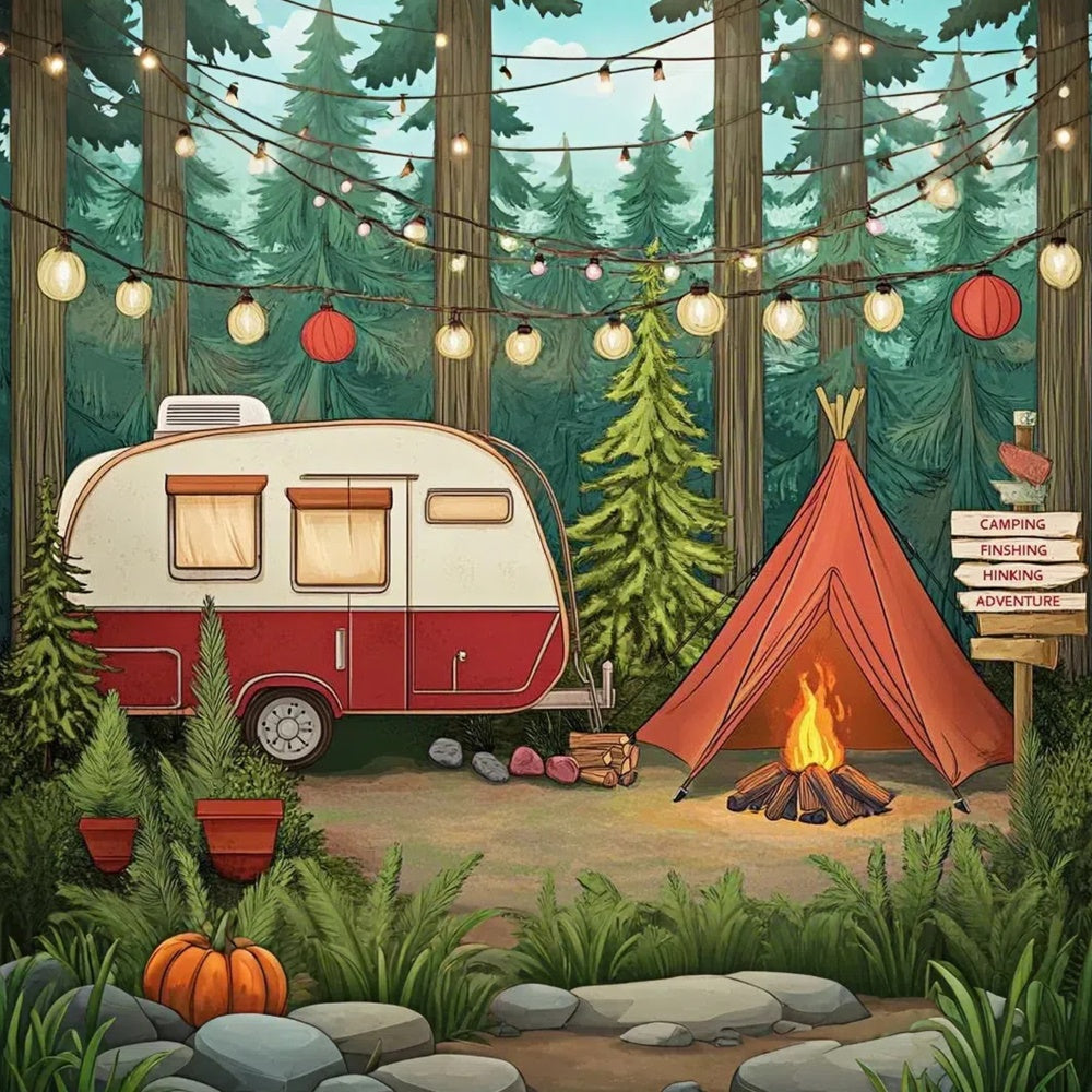 Summer Photo Backdrop Light Strings Cozy Camper Backdrop CJJ3-252