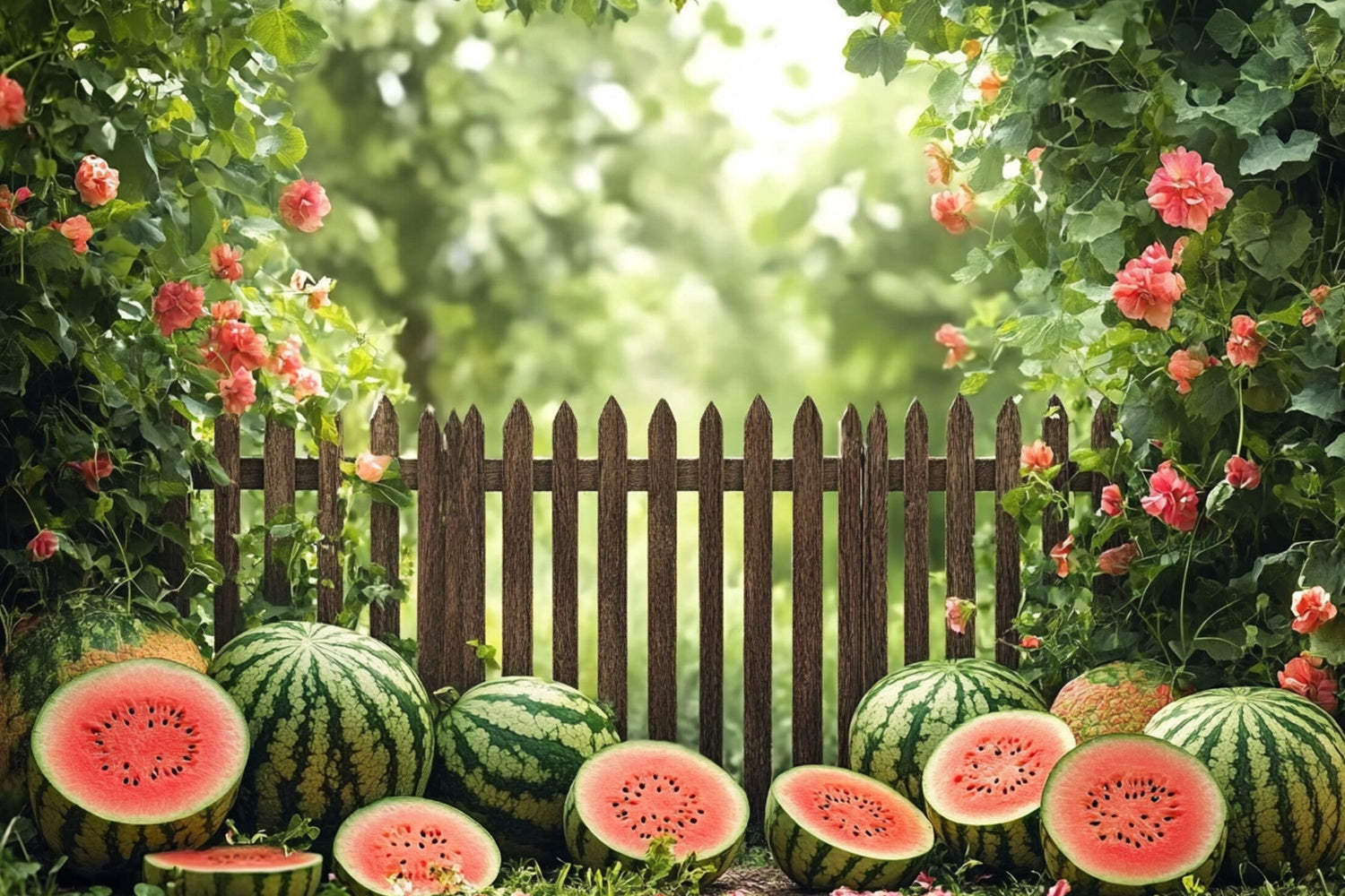 Watermelon Photography Backdrop Garden Fence Watermelon Summer Backdrop CJJ3-256