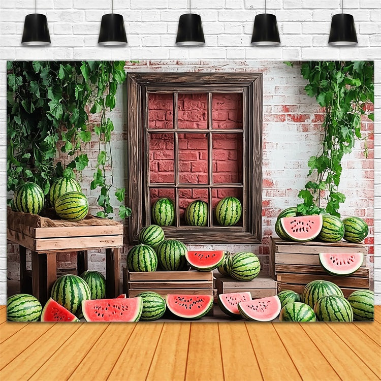 Watermelon Photography Backdrop Brick Watermelon Window Summer Backdrop CJJ3-263